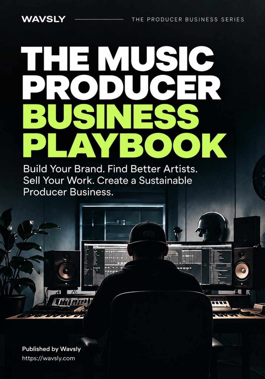 Cover of The Music Producer Business Playbook by Wavsly, showing a producer at a studio desk.